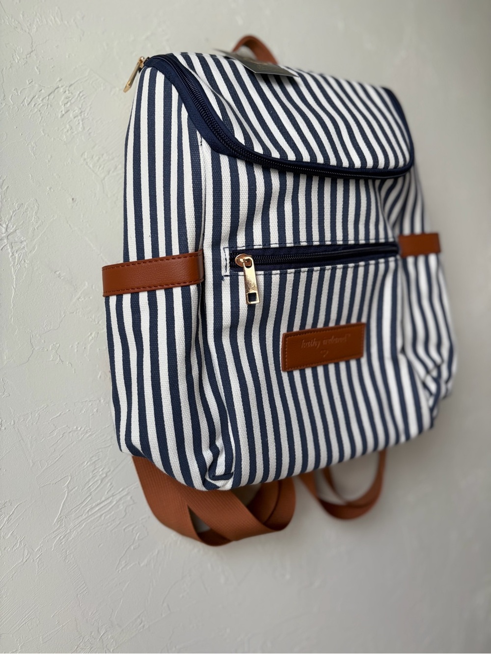 Kathy Ireland Navy White Striped Canvas Backpack Faux Leather Trim NWT - Picture 6 of 10